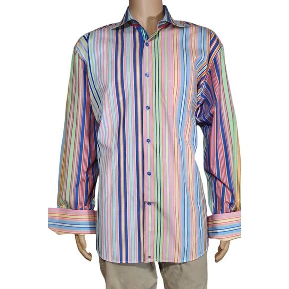 Tommy Hilfiger Men’s L French Cuff Button Down Stripe Shirt Y2K Blue Pink Yellow - Picture 2 of 5